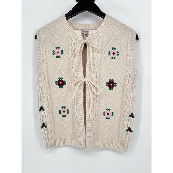 Sincerely Jules Sweaters - Sincerely Jules Soft Cream Crochet Sweater Tie Front Embroidered Vest Women’s XS